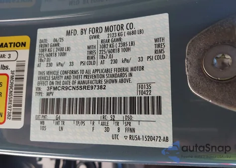 2025 Ford Bronco Sport Outer Banks z USA, uszkodzony, nr VIN 3FMCR9CN5SRE97382